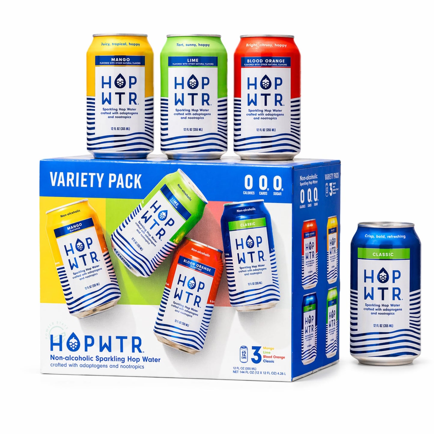 Sparkling Hop Water Variety Pack Sugar Free Low Calorie Non Alcoholic Drink 12oz Cans Pack of 12