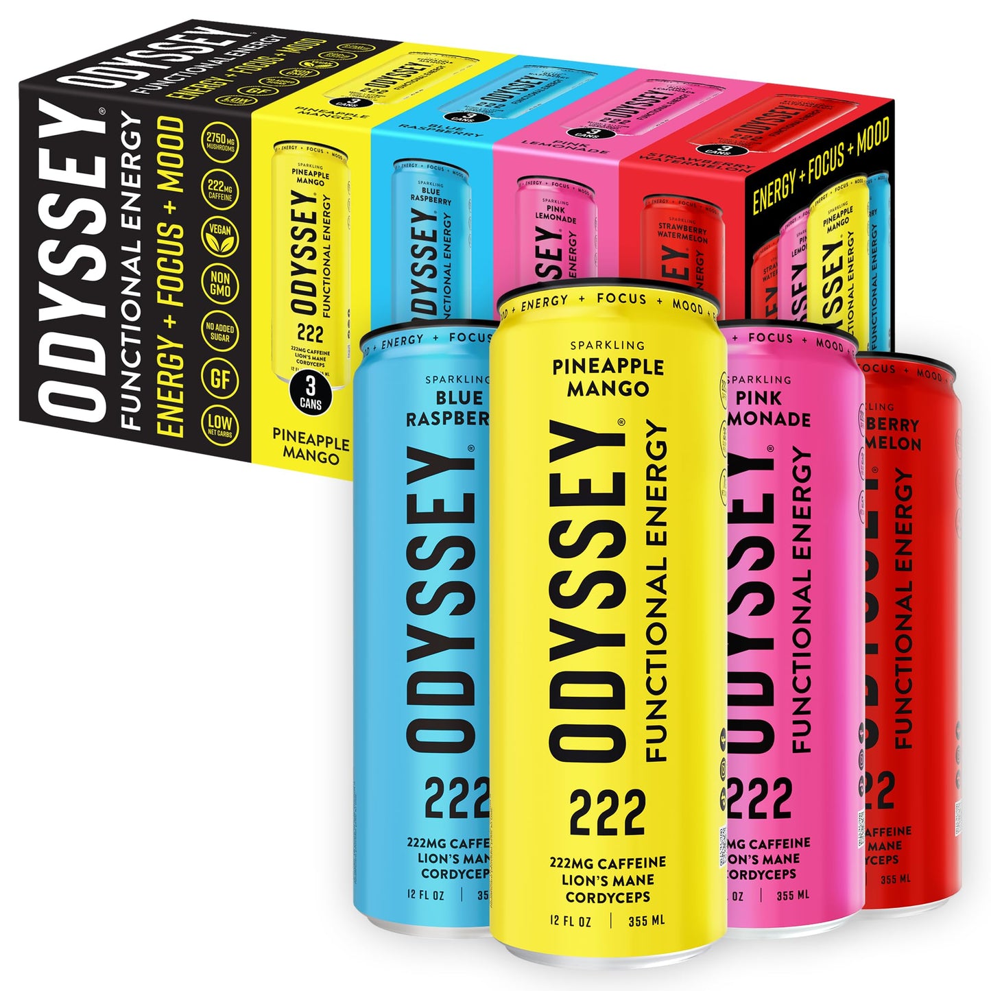 Functional Energy Drink Focus Cognition Mood Support Adaptogen Drink Green Tea Caffeine Lion’s Mane Cordyceps L Theanine Ginseng 12 Pack