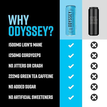 Functional Energy Drink Focus Cognition Mood Support Adaptogen Drink Green Tea Caffeine Lion’s Mane Cordyceps L Theanine Ginseng 12 Pack