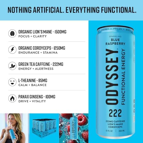 Functional Energy Drink Focus Cognition Mood Support Adaptogen Drink Green Tea Caffeine Lion’s Mane Cordyceps L Theanine Ginseng 12 Pack