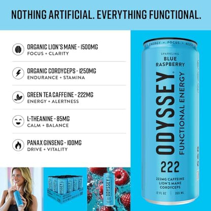 Functional Energy Drink Focus Cognition Mood Support Adaptogen Drink Green Tea Caffeine Lion’s Mane Cordyceps L Theanine Ginseng 12 Pack