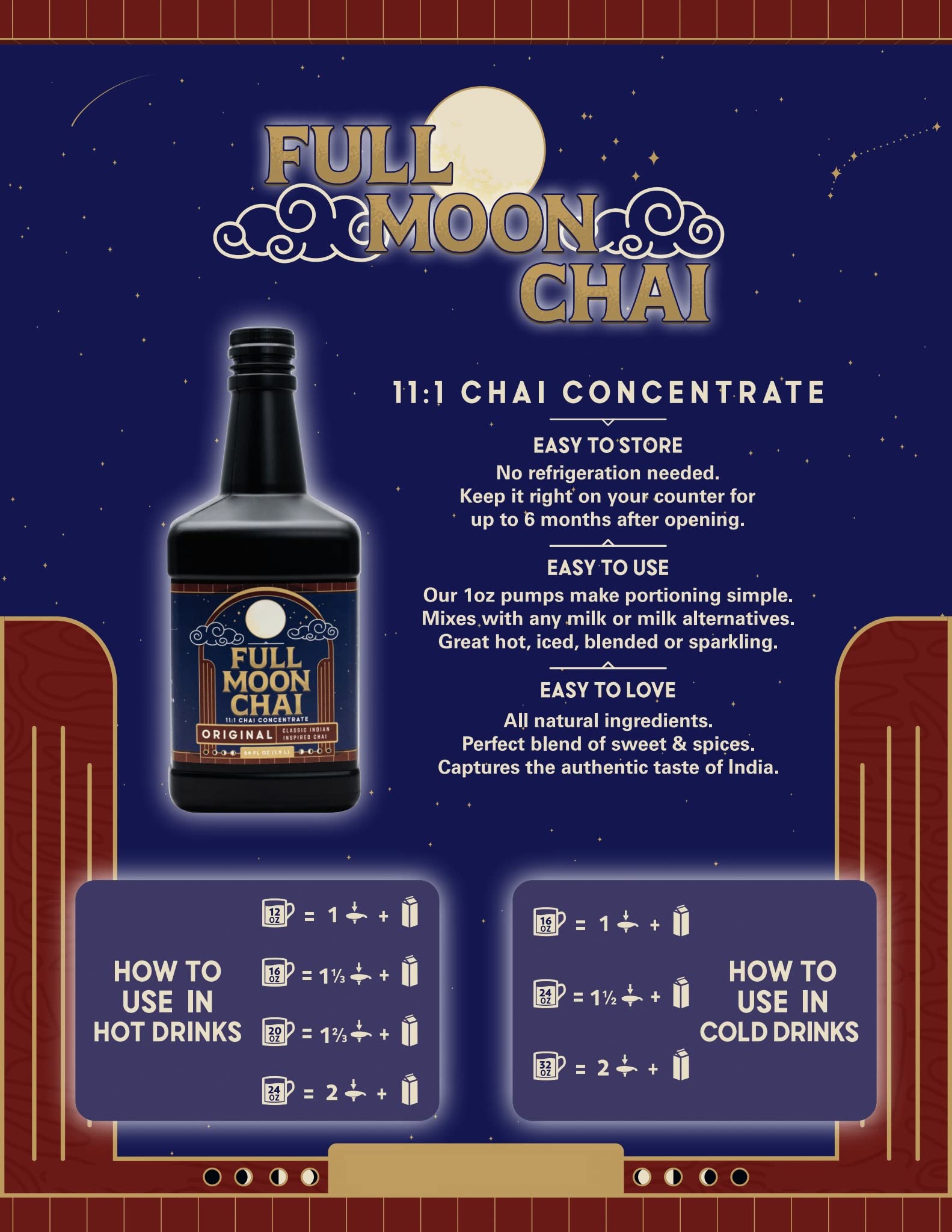 Full Moon Chai Tea Concentrate Classic Indian Style Organic Cane Sugar Natural Flavored Blend