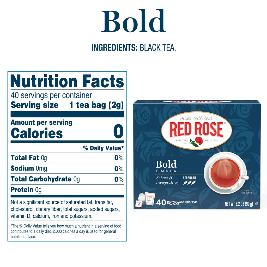Bold Black Tea Strong Blend Individually Wrapped Tea Bags Caffeinated 40 Count Pack of 6