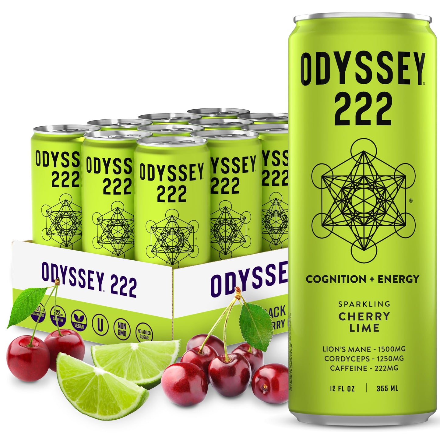 Functional Energy Drink Focus Cognition Mood Support Adaptogen Drink Green Tea Caffeine Lion’s Mane Cordyceps L Theanine Ginseng 12 Pack