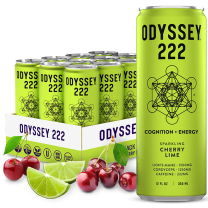 Functional Energy Drink Focus Cognition Mood Support Adaptogen Drink Green Tea Caffeine Lion’s Mane Cordyceps L Theanine Ginseng 12 Pack