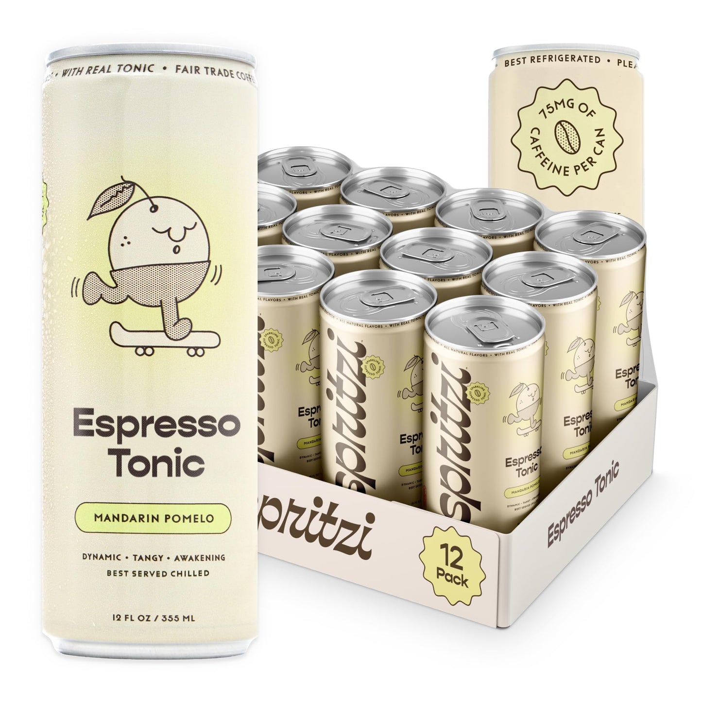 Sparkling Espresso Tonic Canned Coffee Drink Fair Trade Naturally Sweetened 12oz Pack of 12 75mg Caffeine 45 Calories