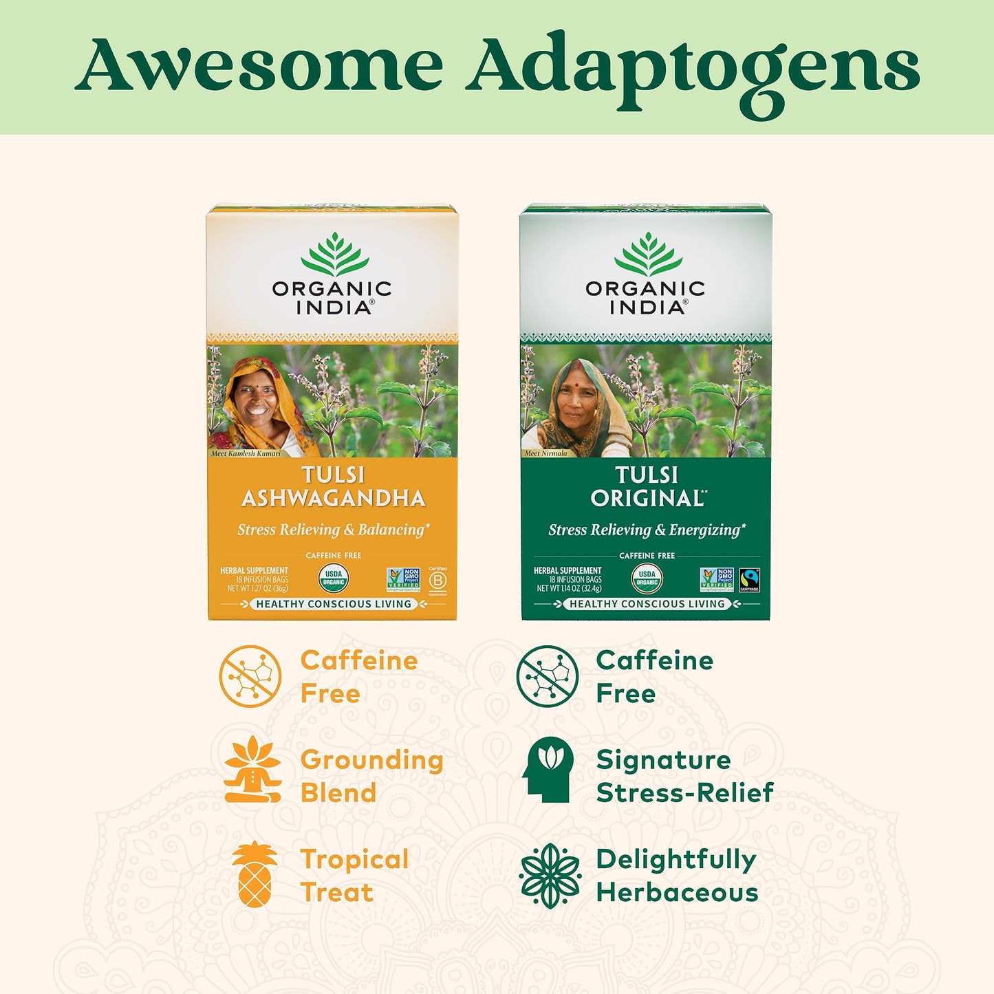 Organic Tulsi Herbal Tea Holy Basil Stress Relief Caffeine Free Immune Support Tea Bags 6 Pack
