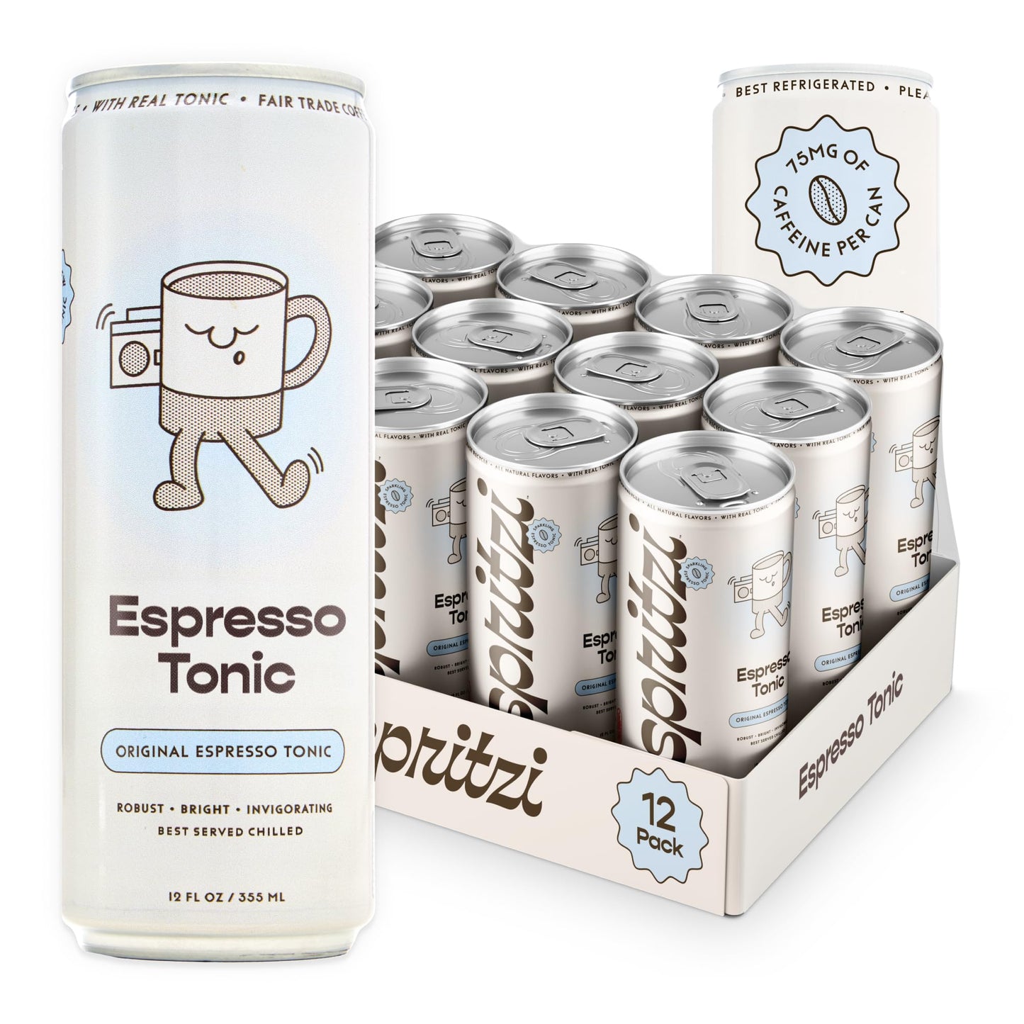 Sparkling Espresso Tonic Canned Coffee Drink Fair Trade Naturally Sweetened 12oz Pack of 12 75mg Caffeine 45 Calories