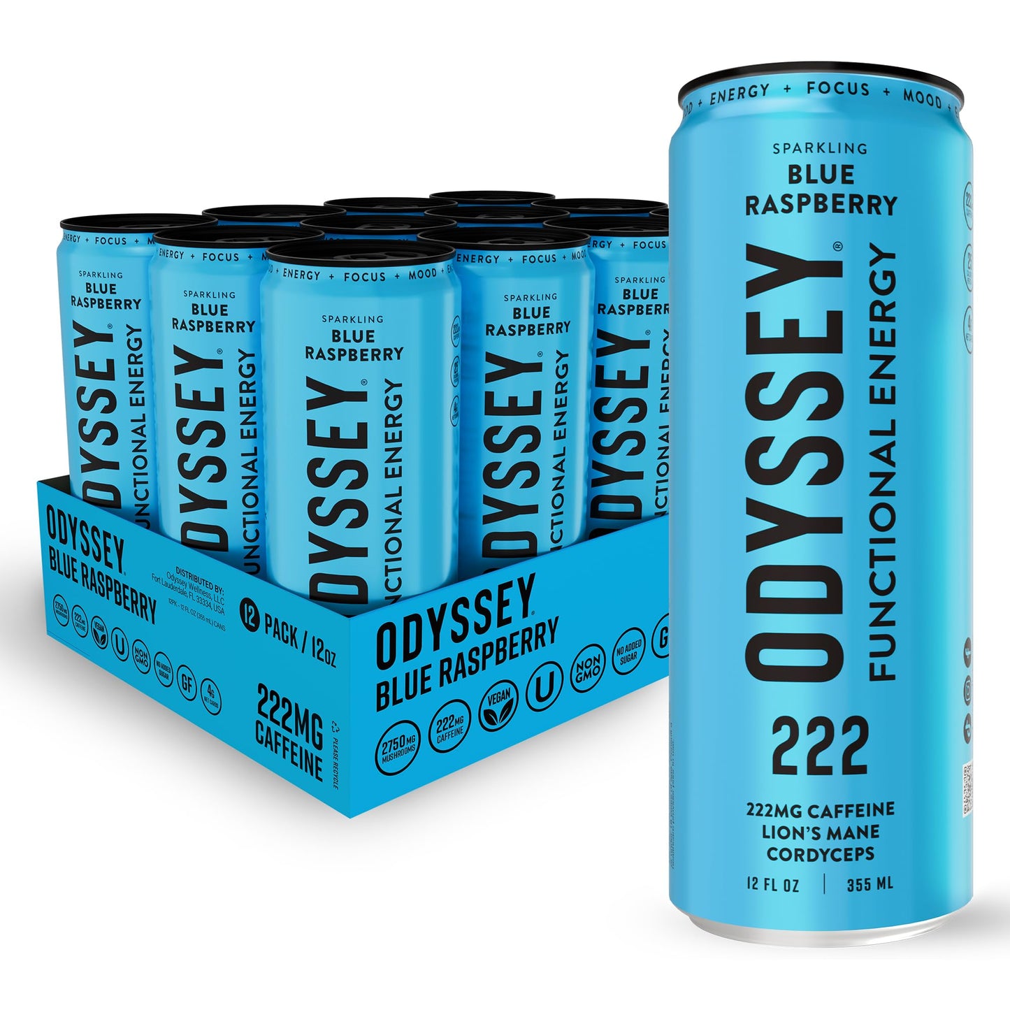 Functional Energy Drink Focus Cognition Mood Support Adaptogen Drink Green Tea Caffeine Lion’s Mane Cordyceps L Theanine Ginseng 12 Pack