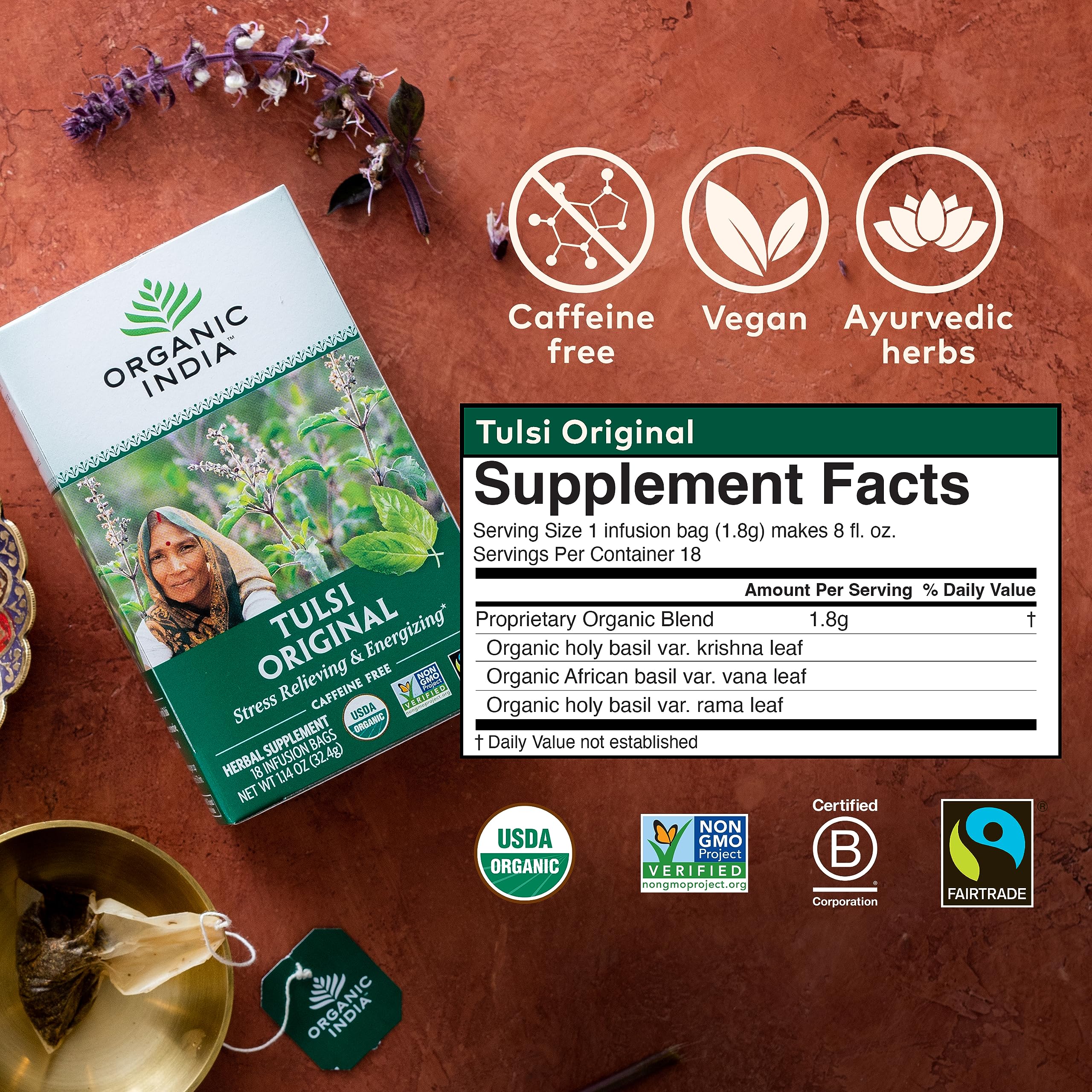 Organic Tulsi Herbal Tea Holy Basil Stress Relief Caffeine Free Immune Support Tea Bags 6 Pack