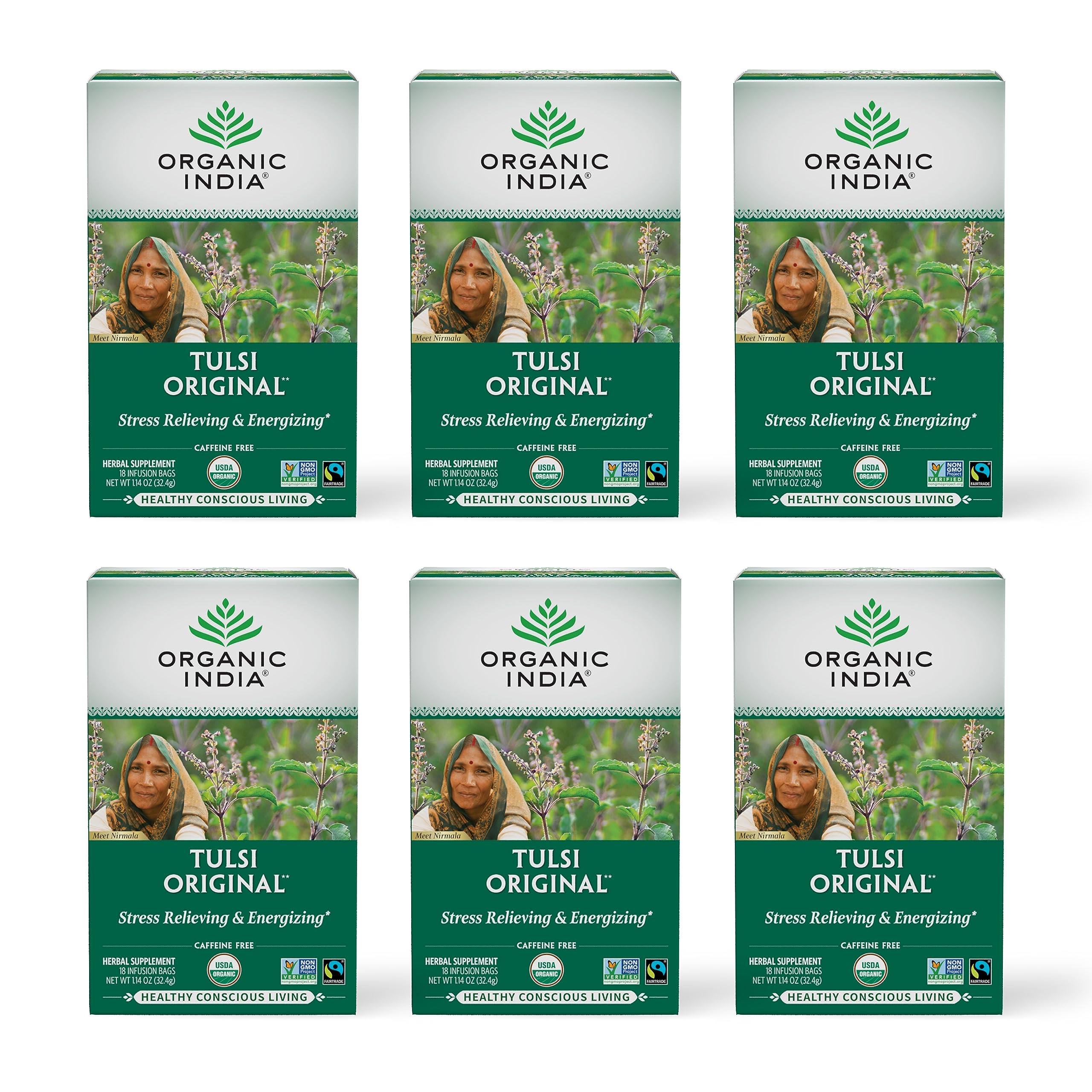Organic Tulsi Herbal Tea Holy Basil Stress Relief Caffeine Free Immune Support Tea Bags 6 Pack