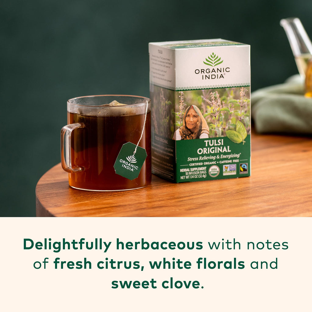 Organic Tulsi Herbal Tea Holy Basil Stress Relief Caffeine Free Immune Support Tea Bags 6 Pack