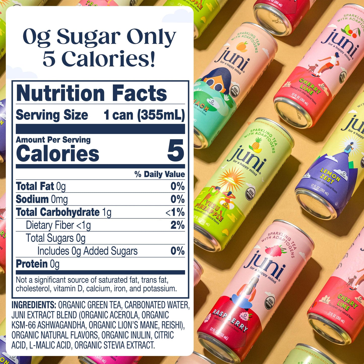Sparkling Adaptogen Drink Ashwagandha Lion’s Mane Reishi Mushroom Green Tea Focus Zero Sugar Low Calorie Organic 12 Pack