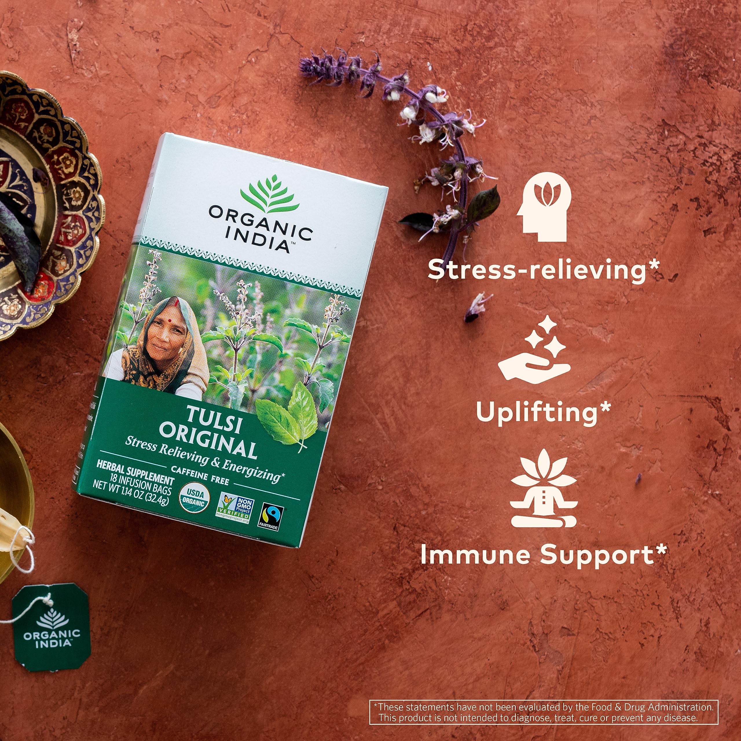 Organic Tulsi Herbal Tea Holy Basil Stress Relief Caffeine Free Immune Support Tea Bags 6 Pack